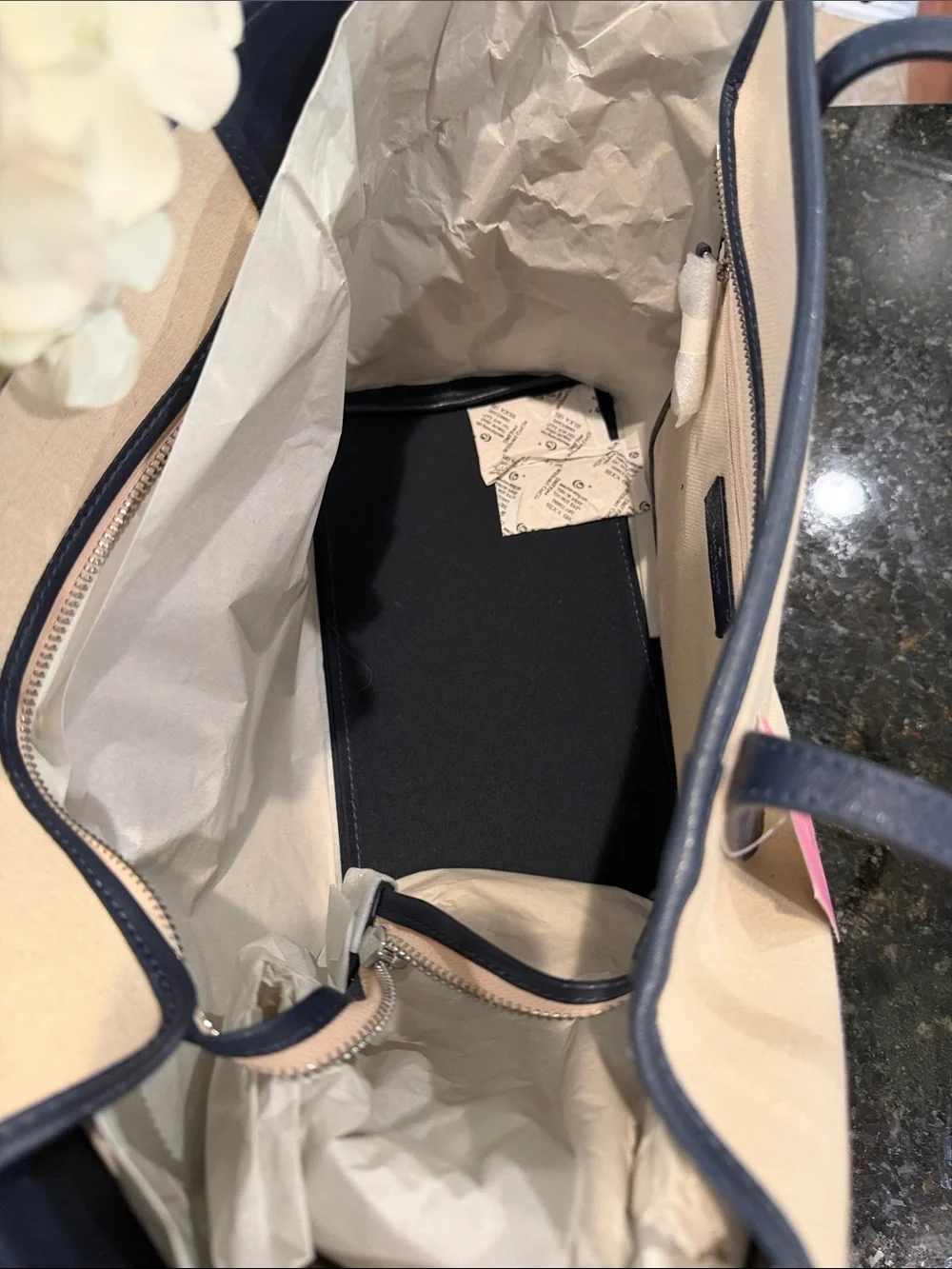 NWT kate spade Cream and Navy Canvas Tote with Logo